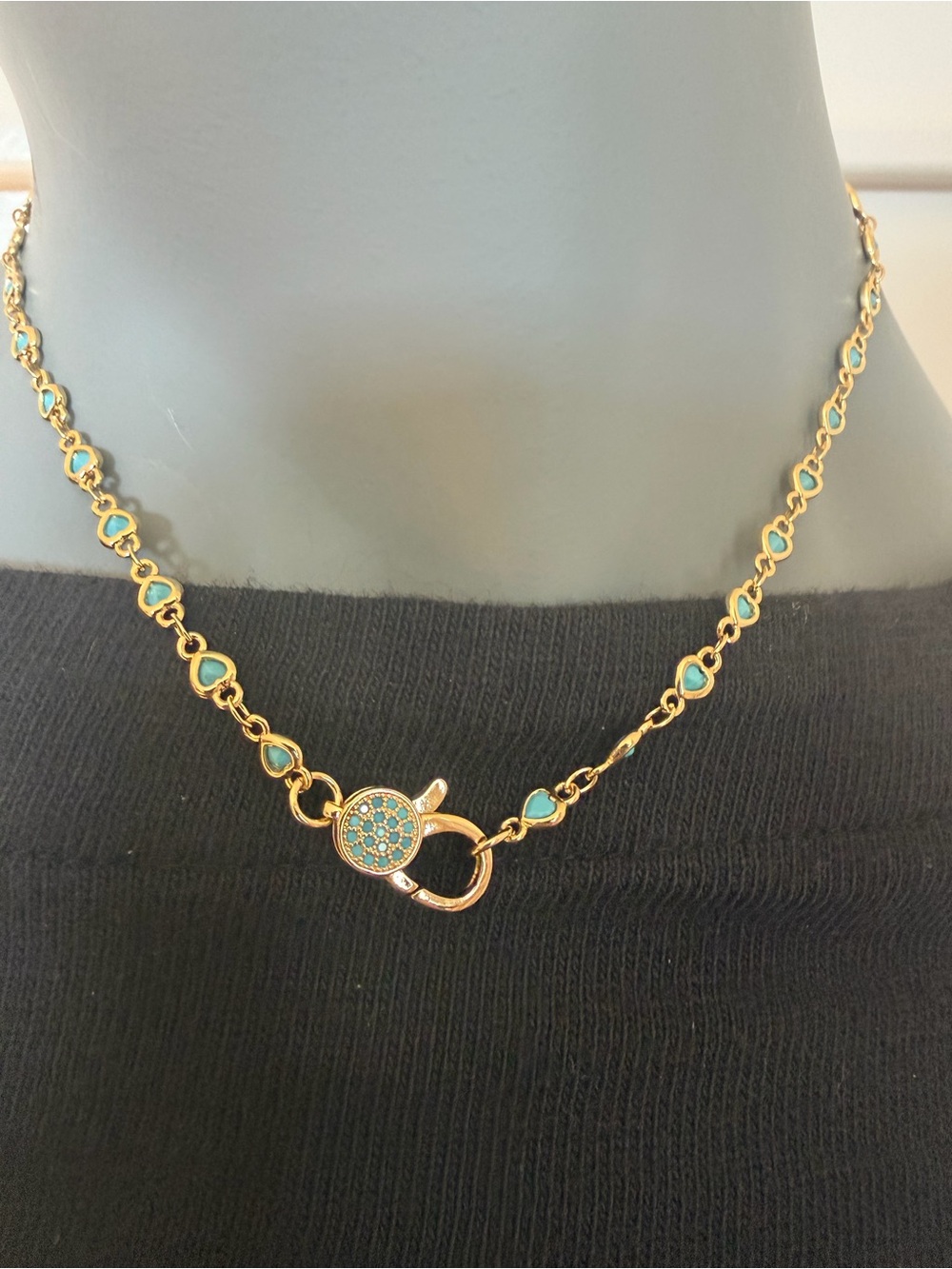 Adina Eden Gold and Turquoise Heart-Link Choker Necklace with Pave Lobster Clasp